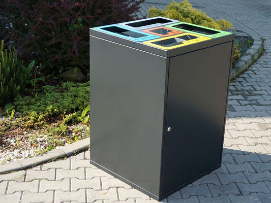 Rūšiavimo Konteineris Cube II Su 5 Skyriais / Užrašai Išpjauti Lazeriu – tvariems urbanistiniams sprendimams bei pėsčiųjų zonų tvarkymui