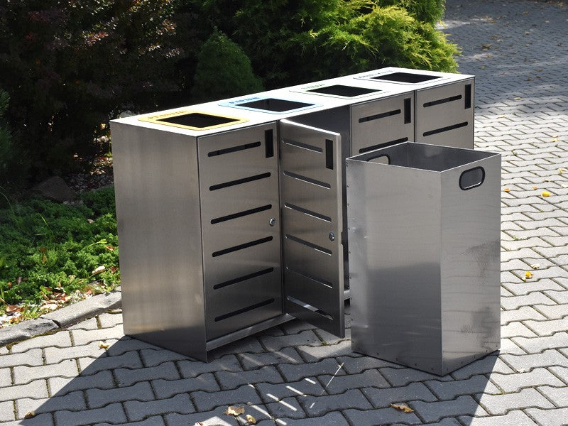 Rūšiavimo Konteineris Ajaks IV 4X80L / Užrašai Išpjauti Lazeriu – funkcionaliai ir saugiai bendruomenės aplinkai parkuose bei skveruose