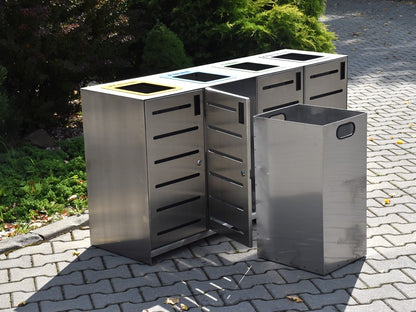 Rūšiavimo Konteineris Ajaks IV 4X80L / Užrašai Išpjauti Lazeriu – funkcionaliai ir saugiai bendruomenės aplinkai parkuose bei skveruose
