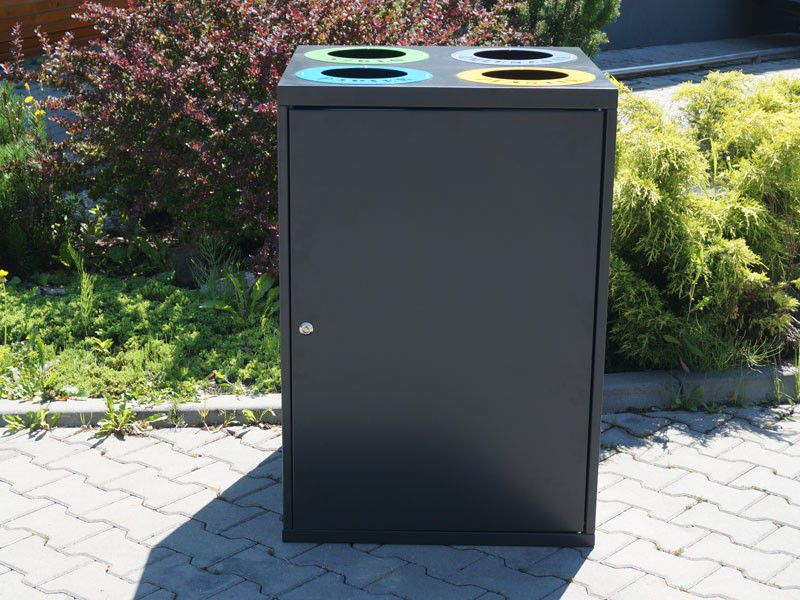 Rūšiavimo Šiukšliadėžė Cube IV 4X80L 4 Kamerų / Užrašai Iškirpti Lazeriu – funkcionaliai ir saugiai bendruomenės aplinkai parkuose bei skveruose