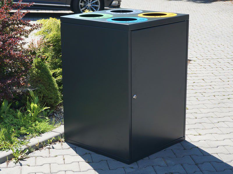 Rūšiavimo Šiukšliadėžė Cube IV 4X80L 4 Kamerų / Užrašai Iškirpti Lazeriu – tvariems urbanistiniams sprendimams bei pėsčiųjų zonų tvarkymui