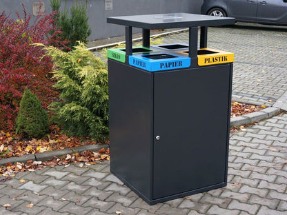 Rūšiavimo Šiukšliadėžė Cube VIII 4X80L, 4 Skyrių / Užrašai Išpjauti Lazeriu – tvariems urbanistiniams sprendimams bei pėsčiųjų zonų tvarkymui