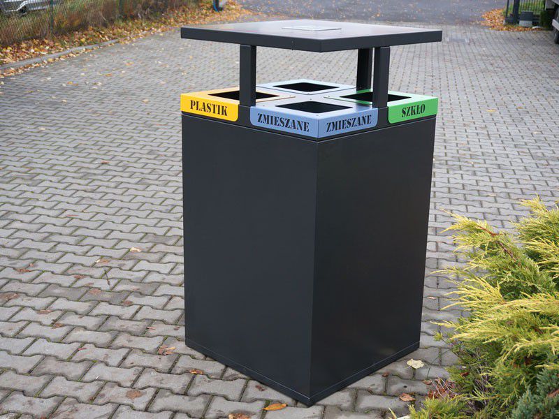 Rūšiavimo Šiukšliadėžė Cube VIII 4X80L, 4 Skyrių / Užrašai Išpjauti Lazeriu – funkcionaliai ir saugiai bendruomenės aplinkai parkuose bei skveruose