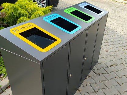 Rūšiavimo Konteineris Etna IV Įstrižas 4X80L / Užrašai Lazeriniu Pjovimu – tvariems urbanistiniams sprendimams bei pėsčiųjų zonų tvarkymui