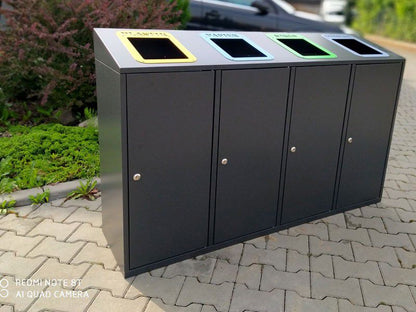 Rūšiavimo Konteineris Etna IV Įstrižas 4X80L / Užrašai Lazeriniu Pjovimu – funkcionaliai ir saugiai bendruomenės aplinkai parkuose bei skveruose