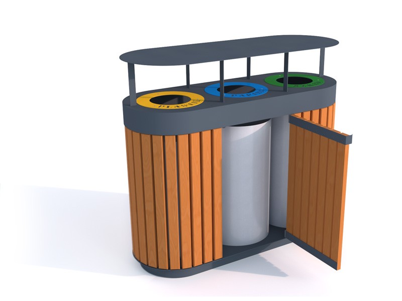 Rūšiavimo Šiukšliadėžė Ibis III 3X80L Su Stogeliu - 3 Skyrių – estetiškam viešojo landšafto formavimui ir poilsio zonų įrengimui
