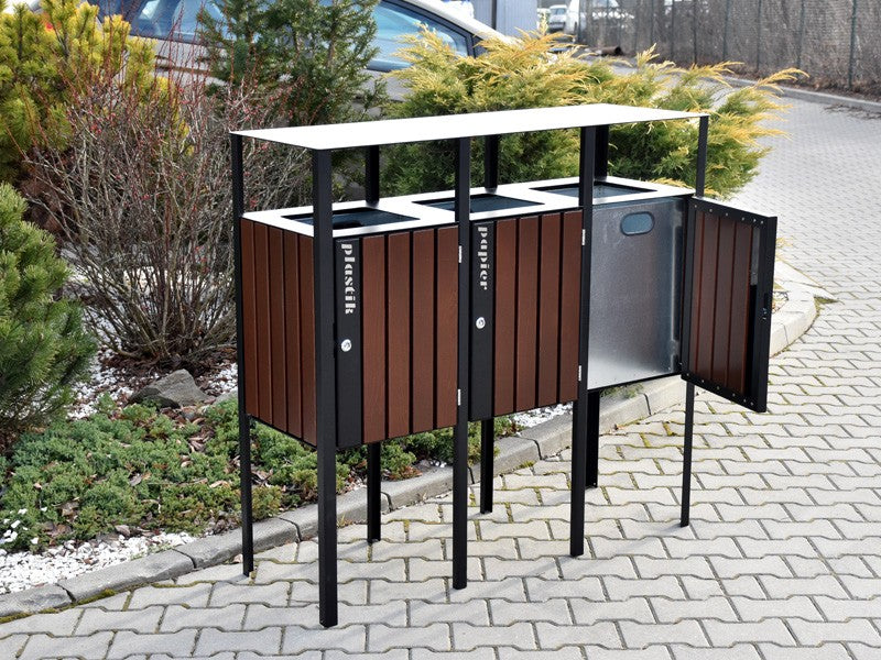 Rūšiavimo Šiukšliadėžė Promyk I 3X60L Su Stogeliu – funkcionaliai ir saugiai bendruomenės aplinkai parkuose bei skveruose