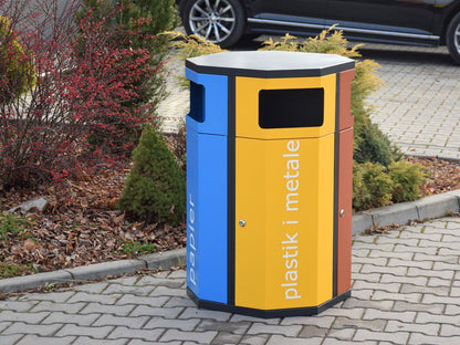 Rūšiavimo Šiukšliadėžė Solaris I - 4 Skyrių / Užrašai Lipni Plėvelė – tvariems urbanistiniams sprendimams bei pėsčiųjų zonų tvarkymui