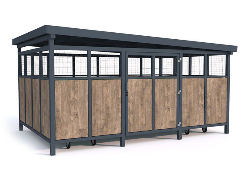 Atliekų konteinerių stoginė Sawa III, 5x1110l/452x304cm, tinklo + HPL plokštės apdaila – lauko baldai viešosioms erdvėms