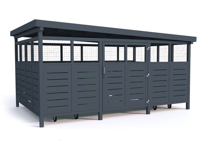 Atliekų konteinerių stoginė Sawa III, 5x1110l/452x304cm, tinklo + skardos apdaila – viešųjų erdvių sutvarkymo elementai