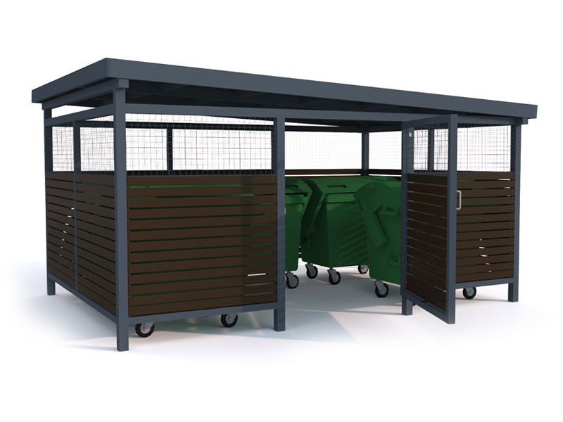 Atliekų konteinerių stoginė Sawa III, 5x1110l/452x304cm, tinklo + medžio apdaila – viešųjų erdvių sutvarkymo elementai