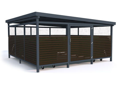 Atliekų konteinerių stoginė Sawa III, 5x1110l/452x304cm, tinklo + medžio apdaila – prekės parkams ir skverams