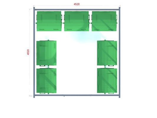Atliekų konteinerių stoginė Sawa III, 7x1110l/452x452cm, tinklo apdaila – mažosios architektūros elementai
