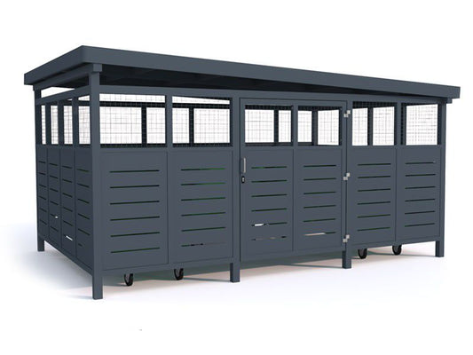 Atliekų konteinerių stoginė Sawa III, 7x1100l/452x452cm, apdaila tinklas+skarda – moderni mažoji architektūra