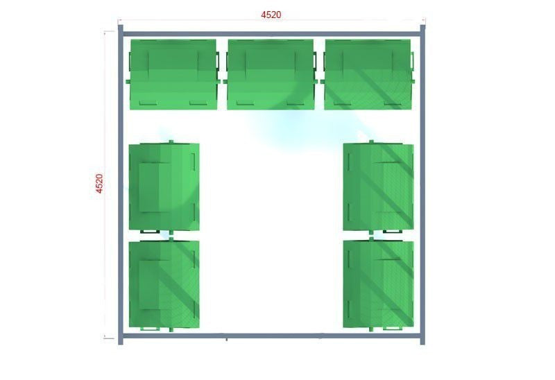 Atliekų konteinerių stoginė Sawa III, 7x1100l/452x452cm, apdaila tinklas+skarda – prekės viešosioms erdvėms