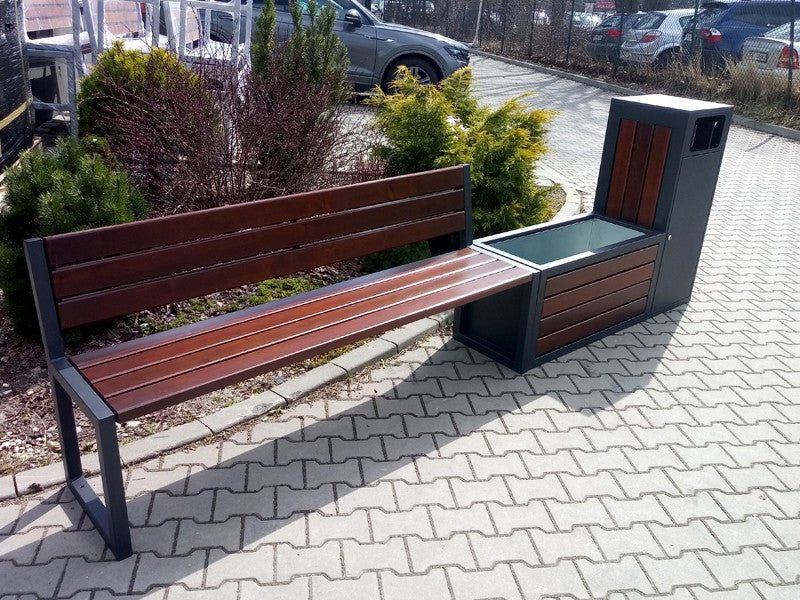 Komplektas: Suoliukas Su Atlošu, Gėlinė, Šiukšlių Dėžė – moderniai miesto infrastruktūrai ir šiuolaikinėms viešosioms erdvėms