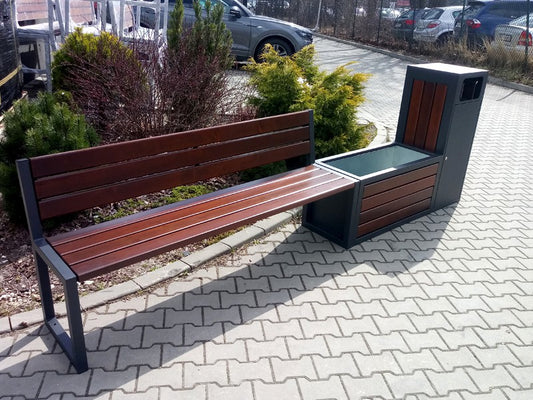 Komplektas: Suoliukas Su Atlošu, Gėlinė, Šiukšlių Dėžė – moderniai miesto infrastruktūrai ir šiuolaikinėms viešosioms erdvėms